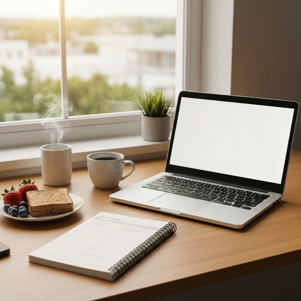 Radno jutro - osoba za stolom sa kofom, mobilni telefon, radni materijal